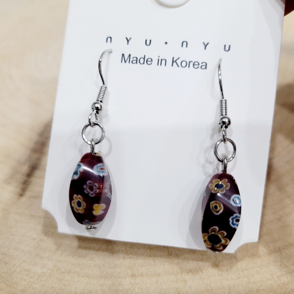 Brand New Silver Tone Red Glass Bead Flower Dangle Earrings